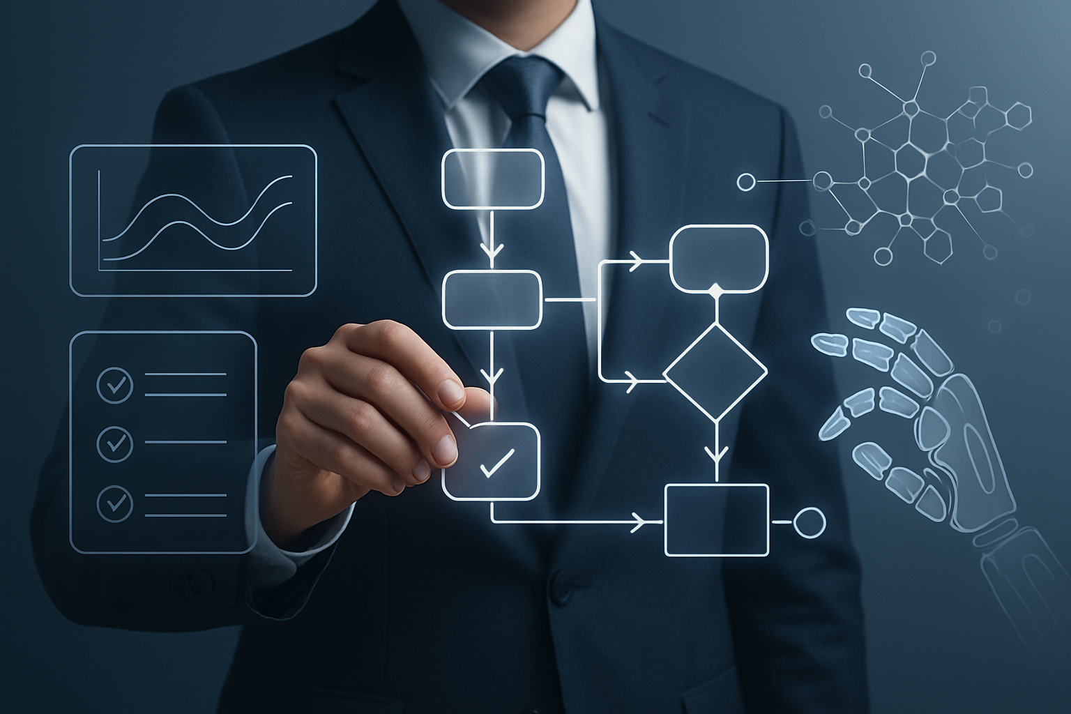 Business professionals collaborating over data dashboards in a modern office